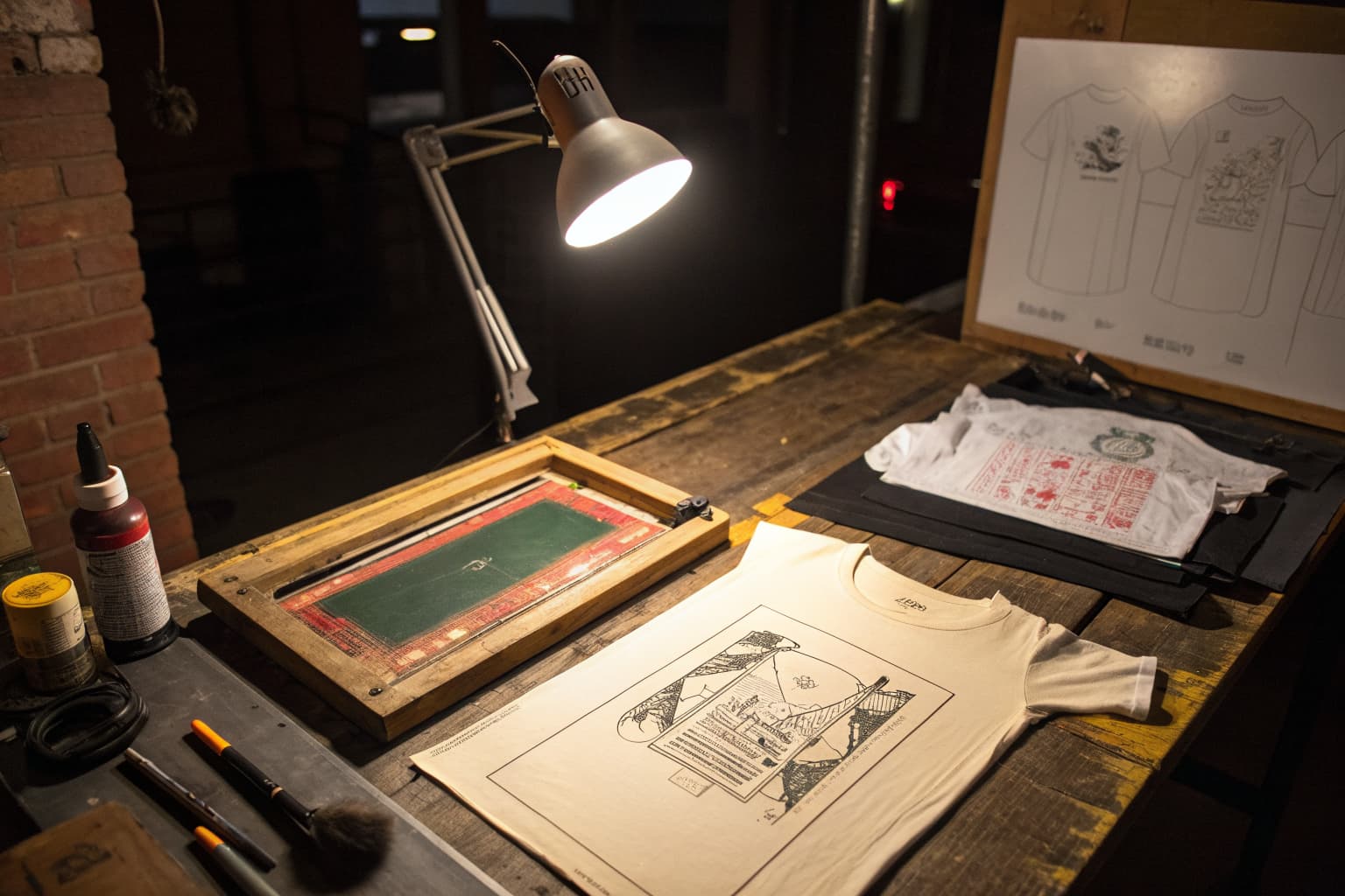 A hand drawn t-shirt sketch next to a finished screen printed shirt on a dark workbench