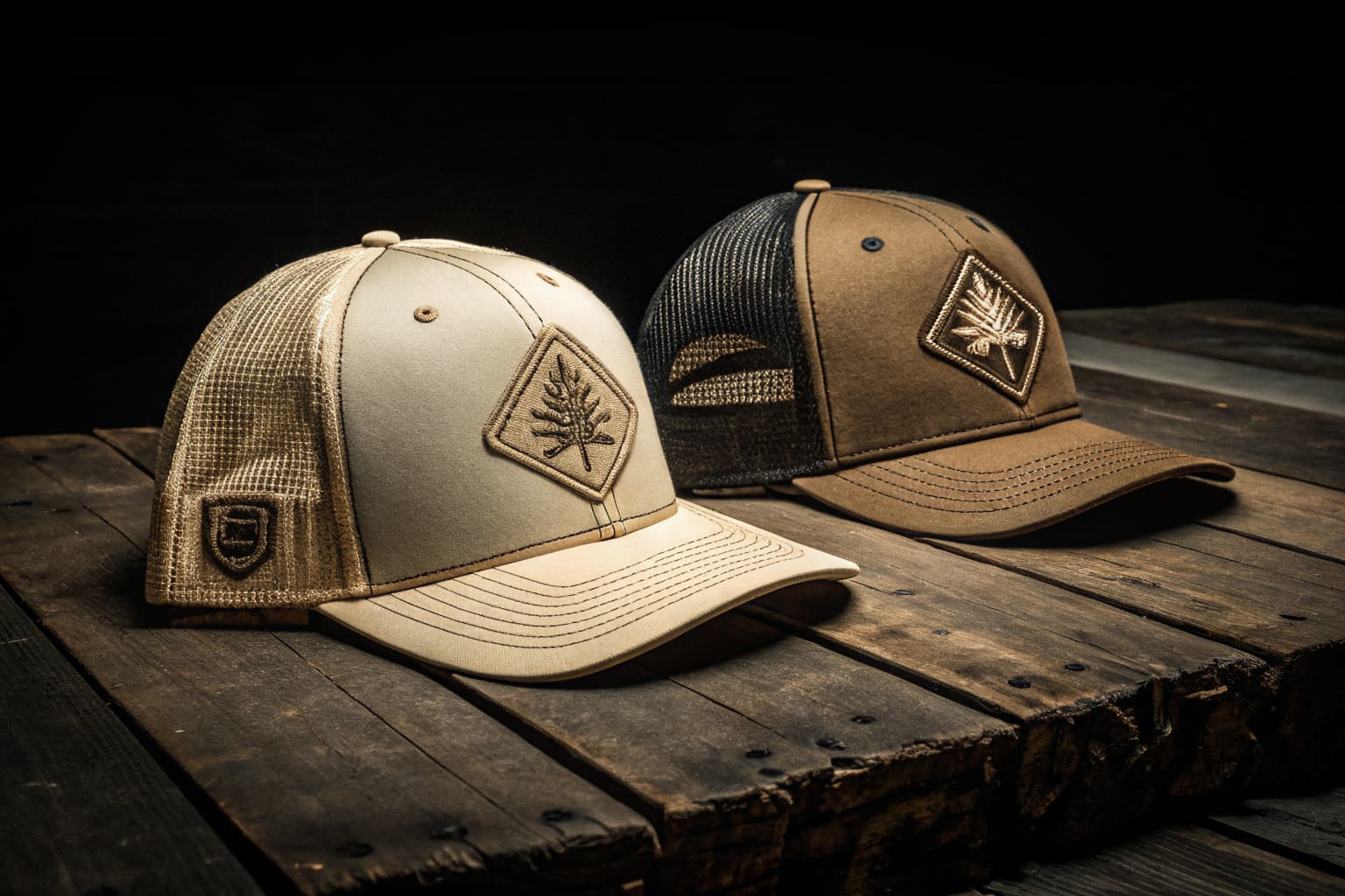Two embroidered trucker hats on a dark wood plank, showing dense stitch detail and structured mesh-back construction